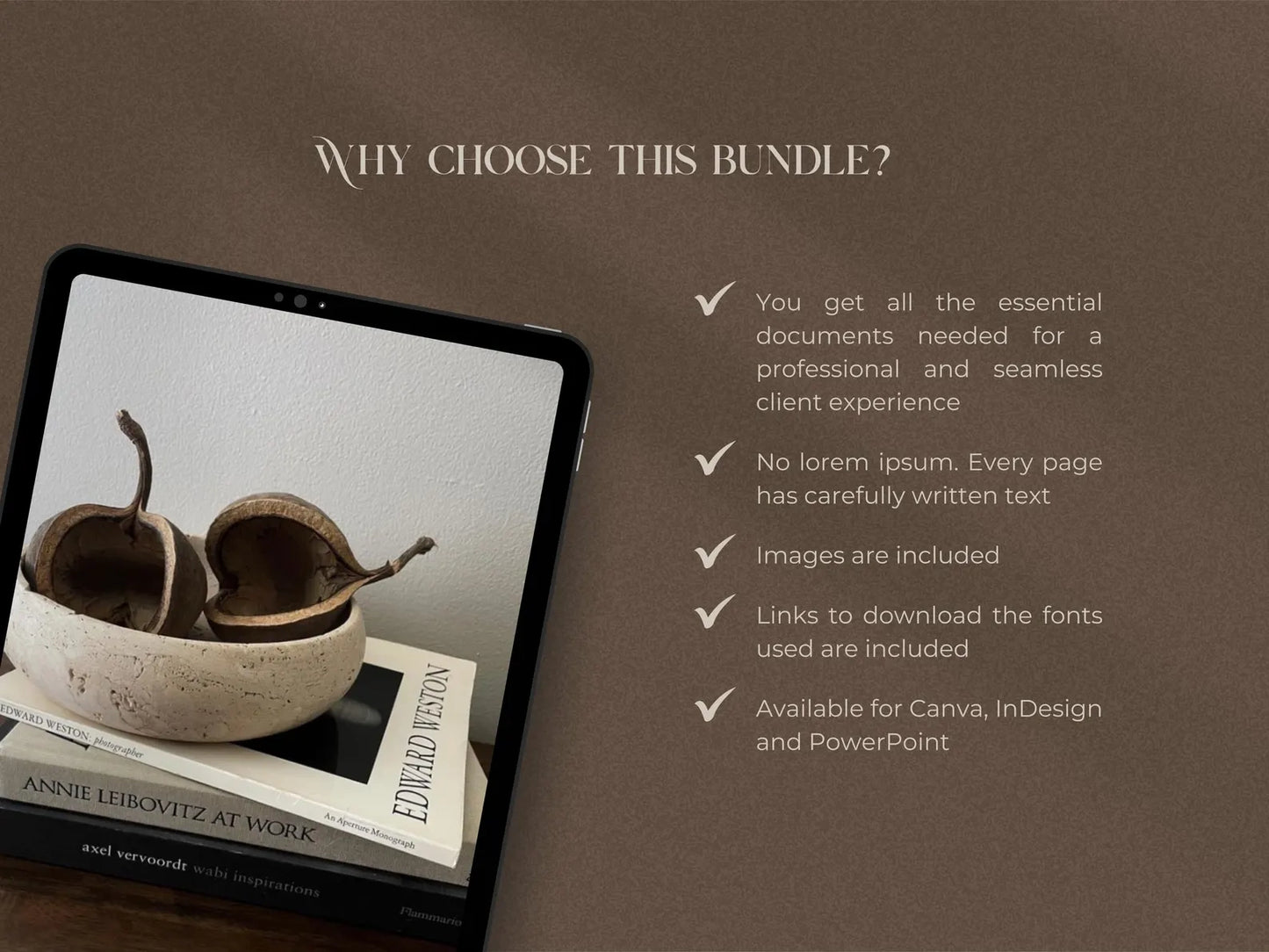 Promotional graphic for a design bundle with a tablet displaying a bowl and book on a brown background.