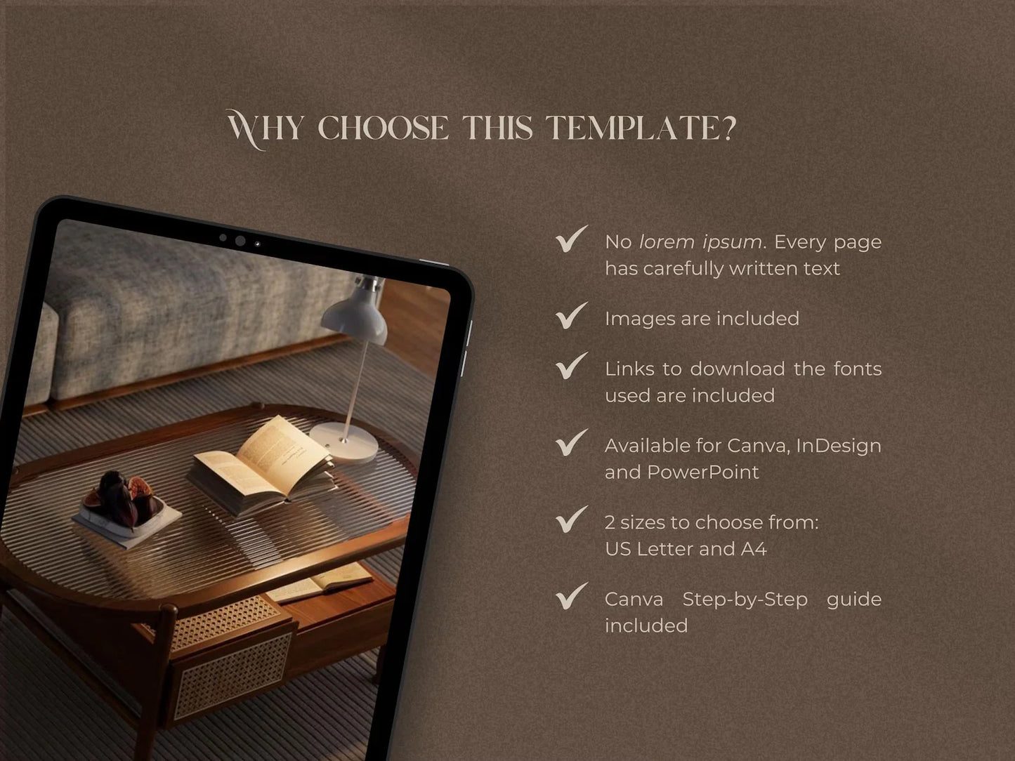 Tablet displaying a design template with text on a brown background