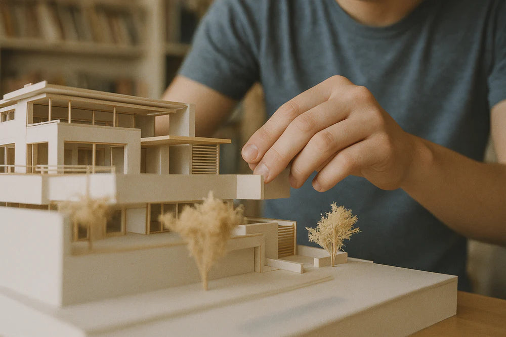 Person assembling a model of a modern building with trees