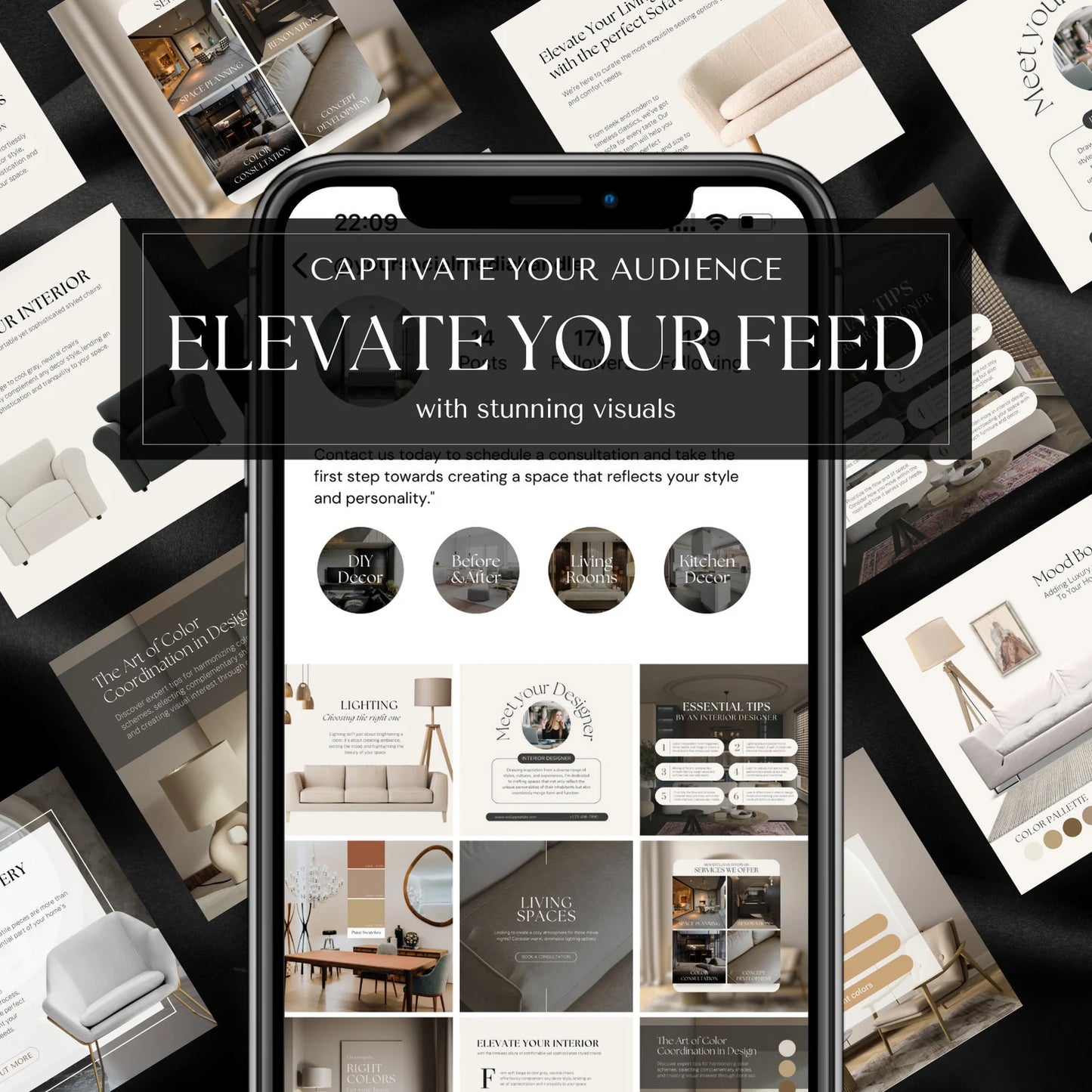 Phone screen displaying interior design app with magazine covers on a black background