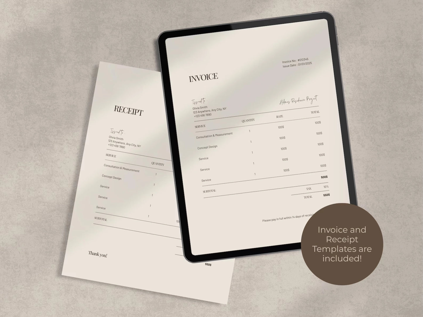Invoice and receipt templates on a tablet and paper with a gray background.