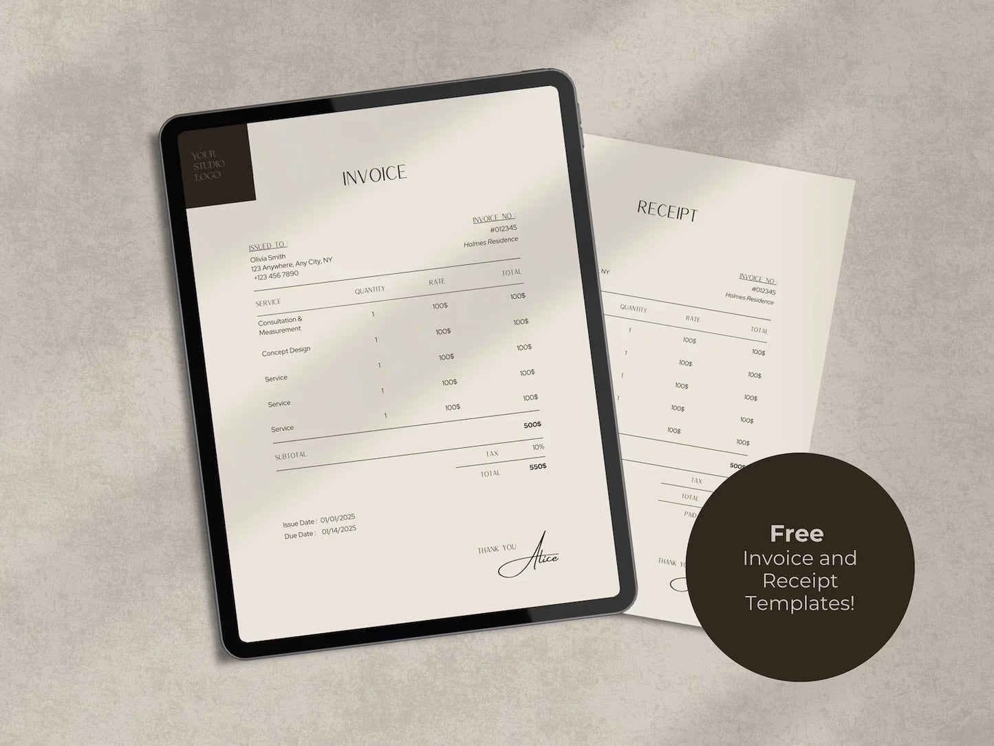 Digital tablet displaying invoice and receipt templates on a textured surface.