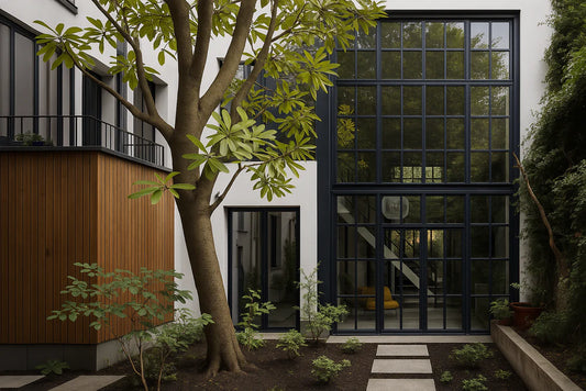 Modern building with large glass door and surrounding greenery