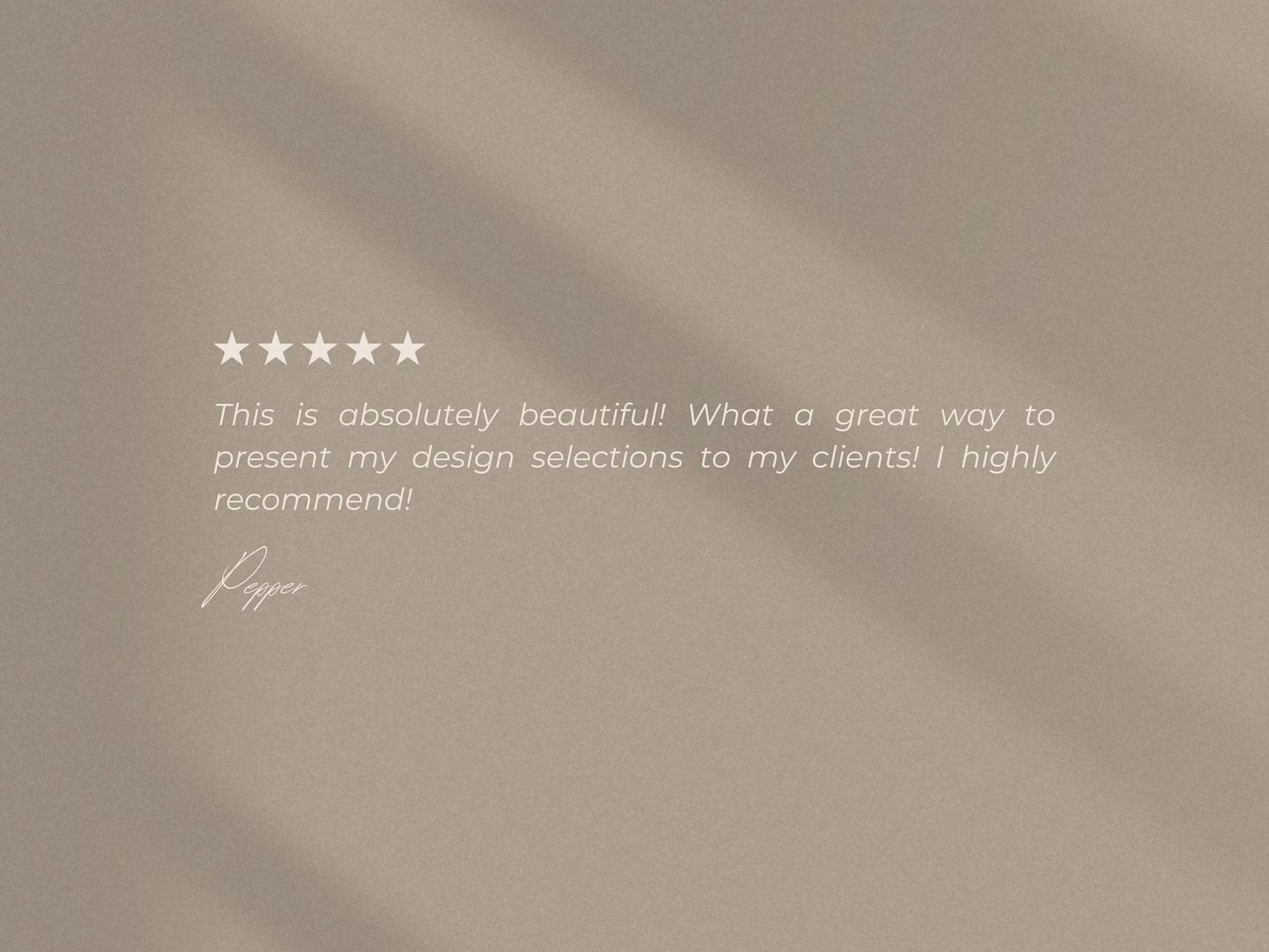 Five-star rating text on a beige background
