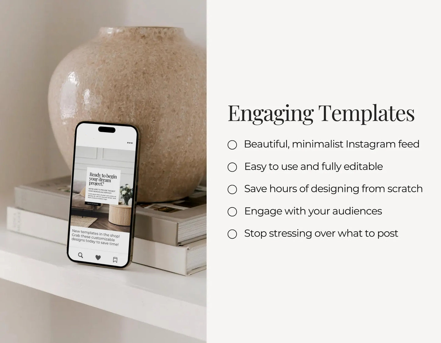 Phone displaying an Instagram feed with a decorative vase and books in the background