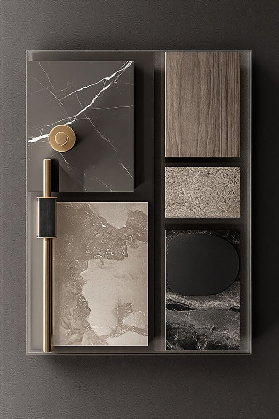 Collection of various stone and metal samples arranged in a display case.
