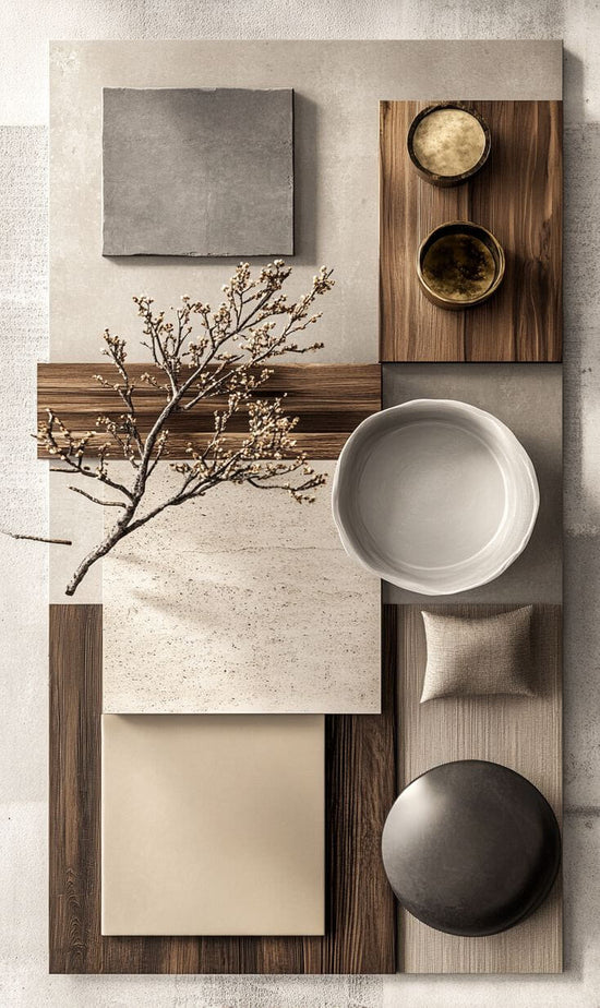 Decorative arrangement of ceramic bowls and a branch on a textured surface