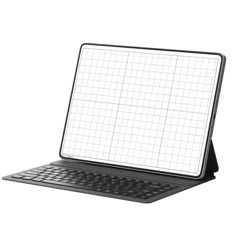 Tablet with keyboard cover displaying grid pattern on screen