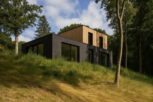 Modern house with black and wood exterior on a grassy hillside