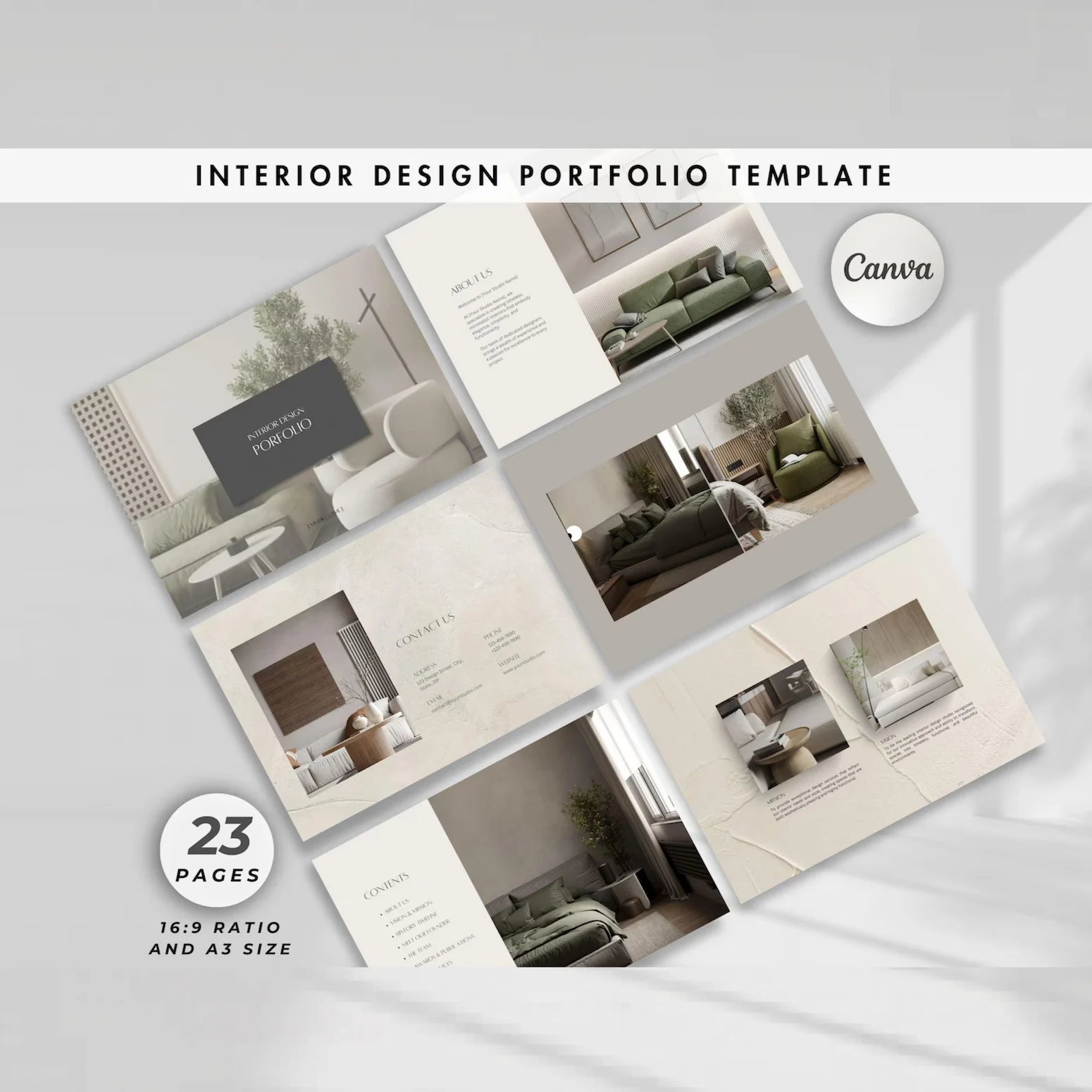 Interior design portfolio template with Canva branding on a light gray background