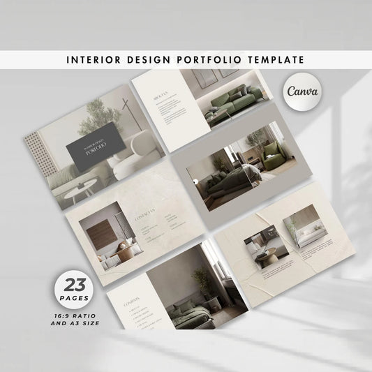 Interior design portfolio template with Canva branding on a light gray background