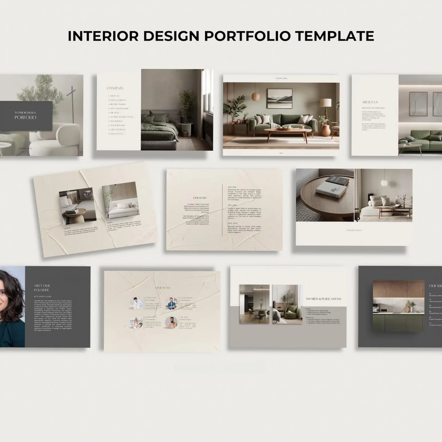 Collection of interior design portfolio templates on a white background