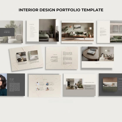 Collection of interior design portfolio templates on a white background