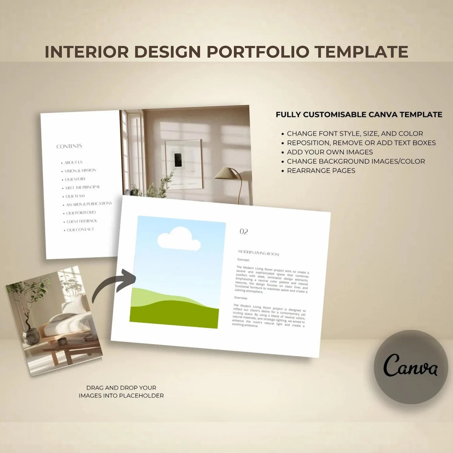 Interior design portfolio template with Canva branding on a beige background