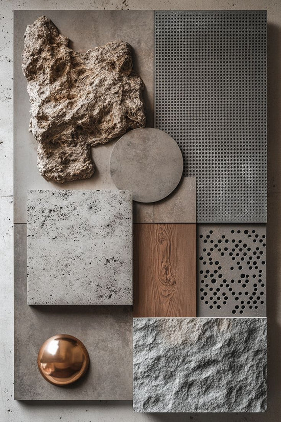 Collection of various textured materials including stone, metal, and wood on a neutral background.