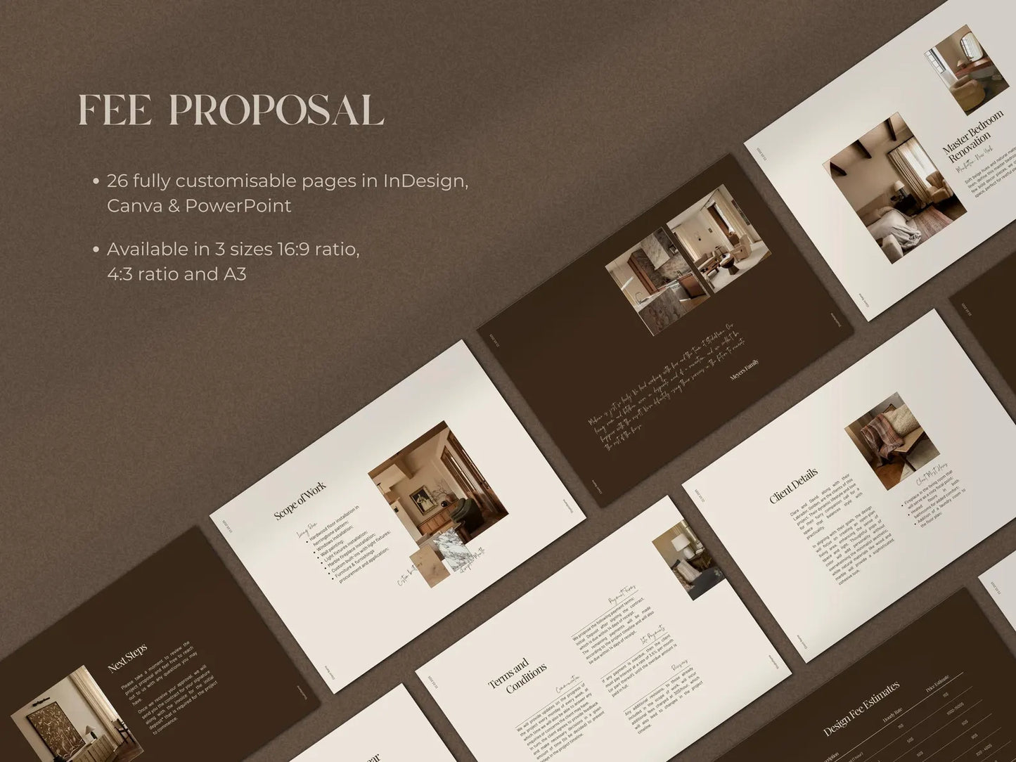 Fee proposal document with multiple pages on a brown background