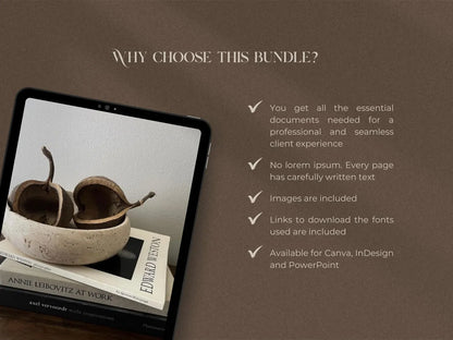 Promotional graphic for a design bundle with a tablet displaying a bowl and book on a brown background.