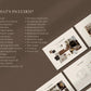 Brochure or design guide with project scope and included elements on a brown background