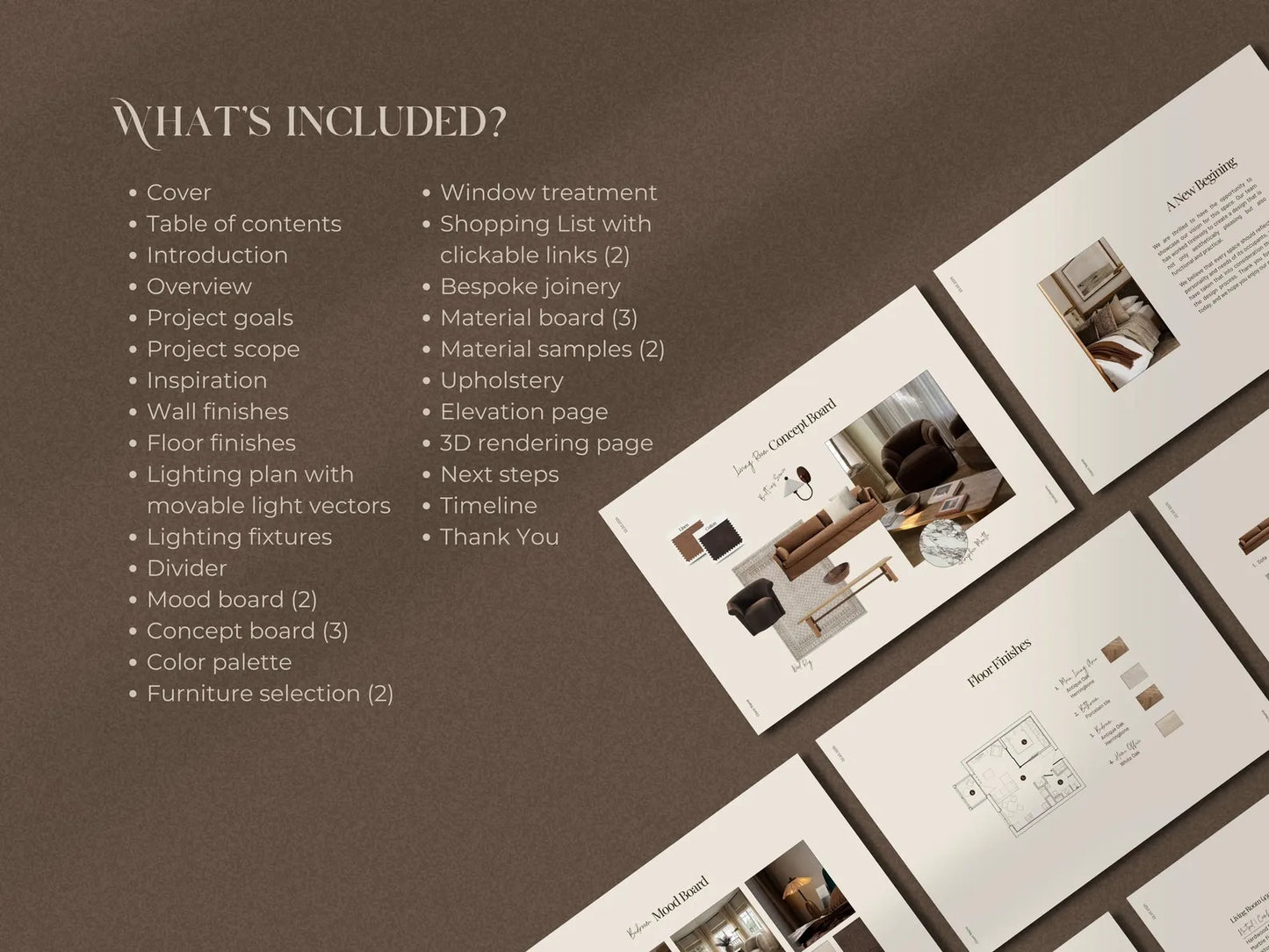 Brochure or design guide with project scope and included elements on a brown background