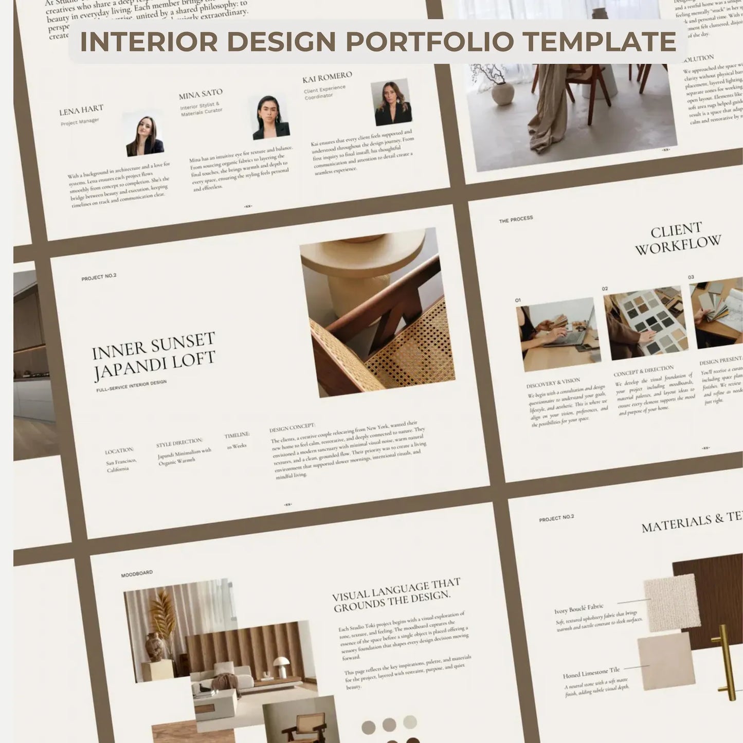 Interior design portfolio template with project descriptions and images.