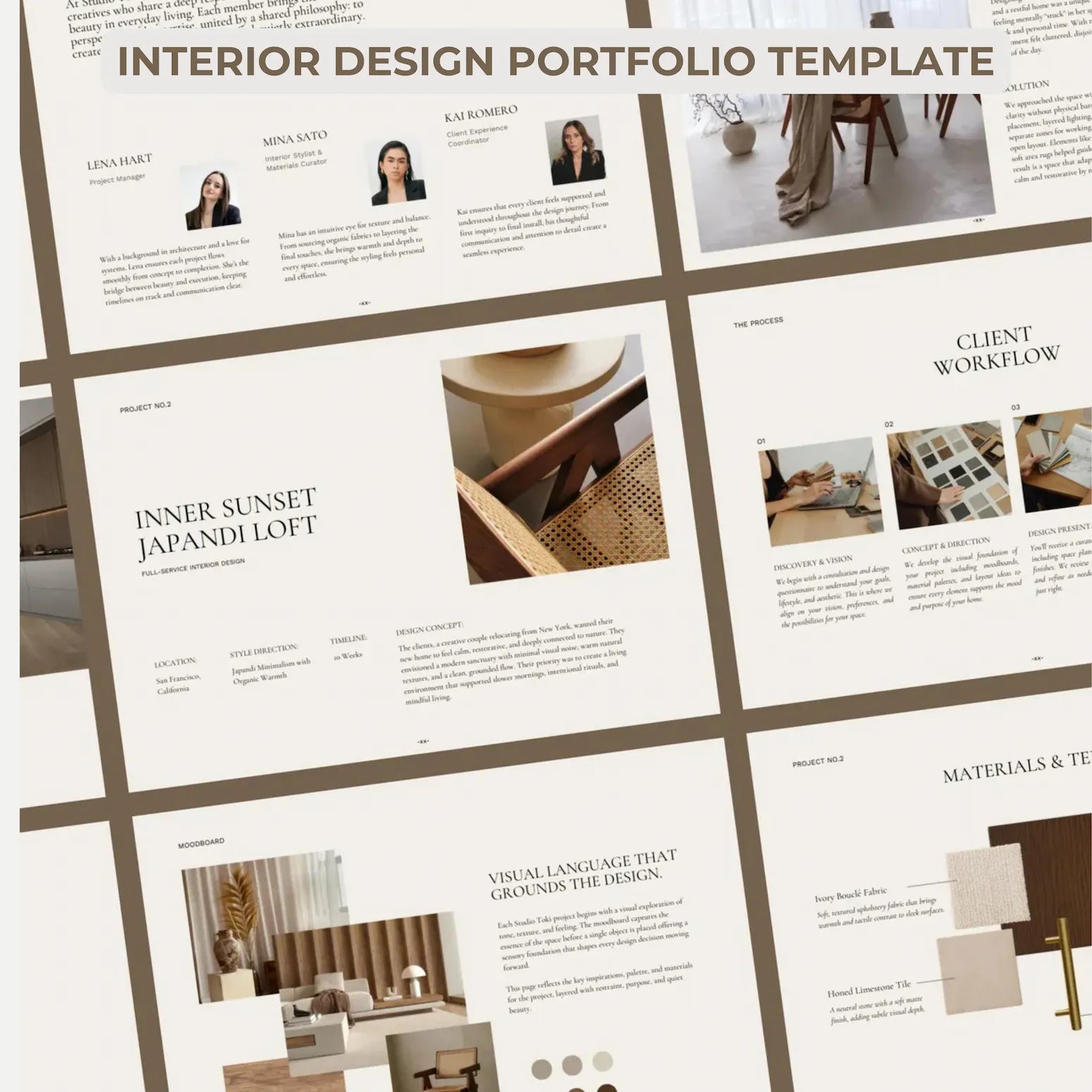 Interior design portfolio template with project descriptions and images.