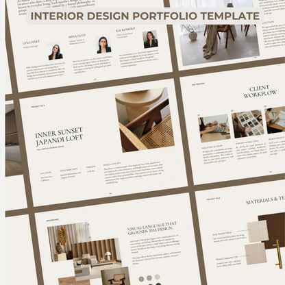 Interior design portfolio template with project descriptions and images.