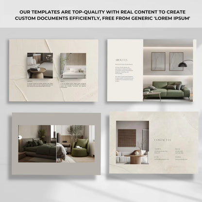 Four interior design templates with images of rooms and furniture on a white background.