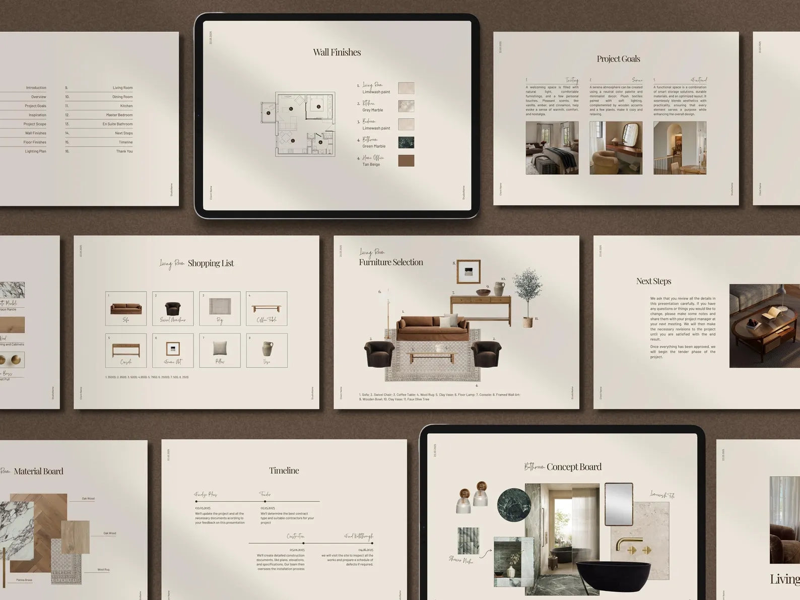 Collection of interior design brochures and a tablet displaying design elements on a wooden surface.
