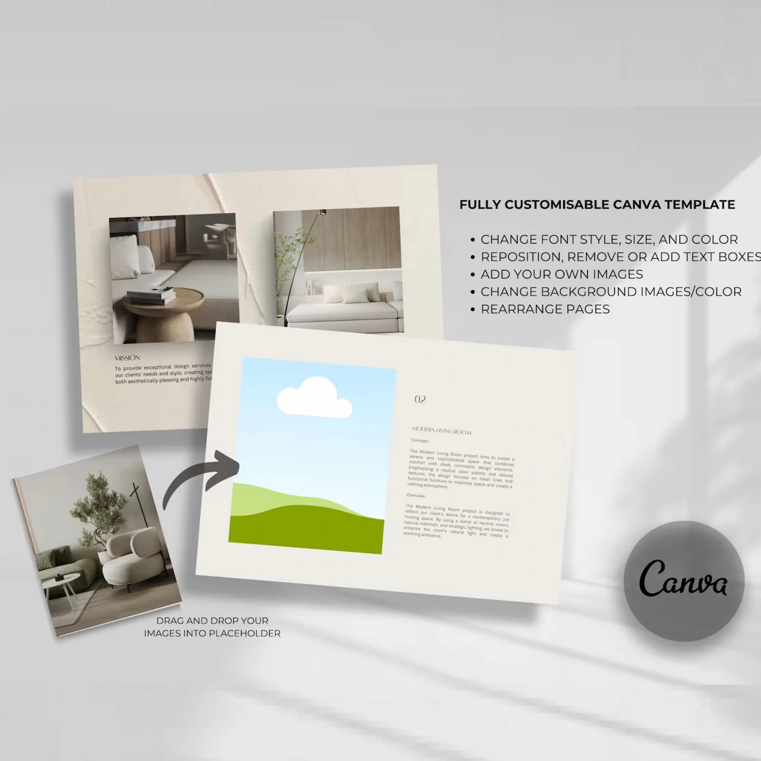 Canva customizable design template with images of a living room and text boxes on a white background.