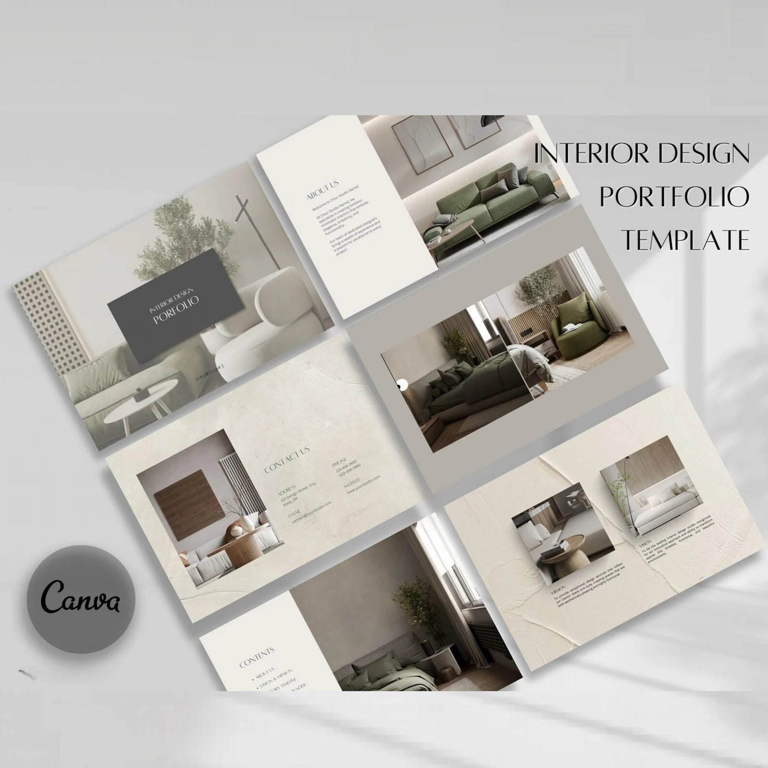 Interior design portfolio template with images of living rooms and Canva logo.