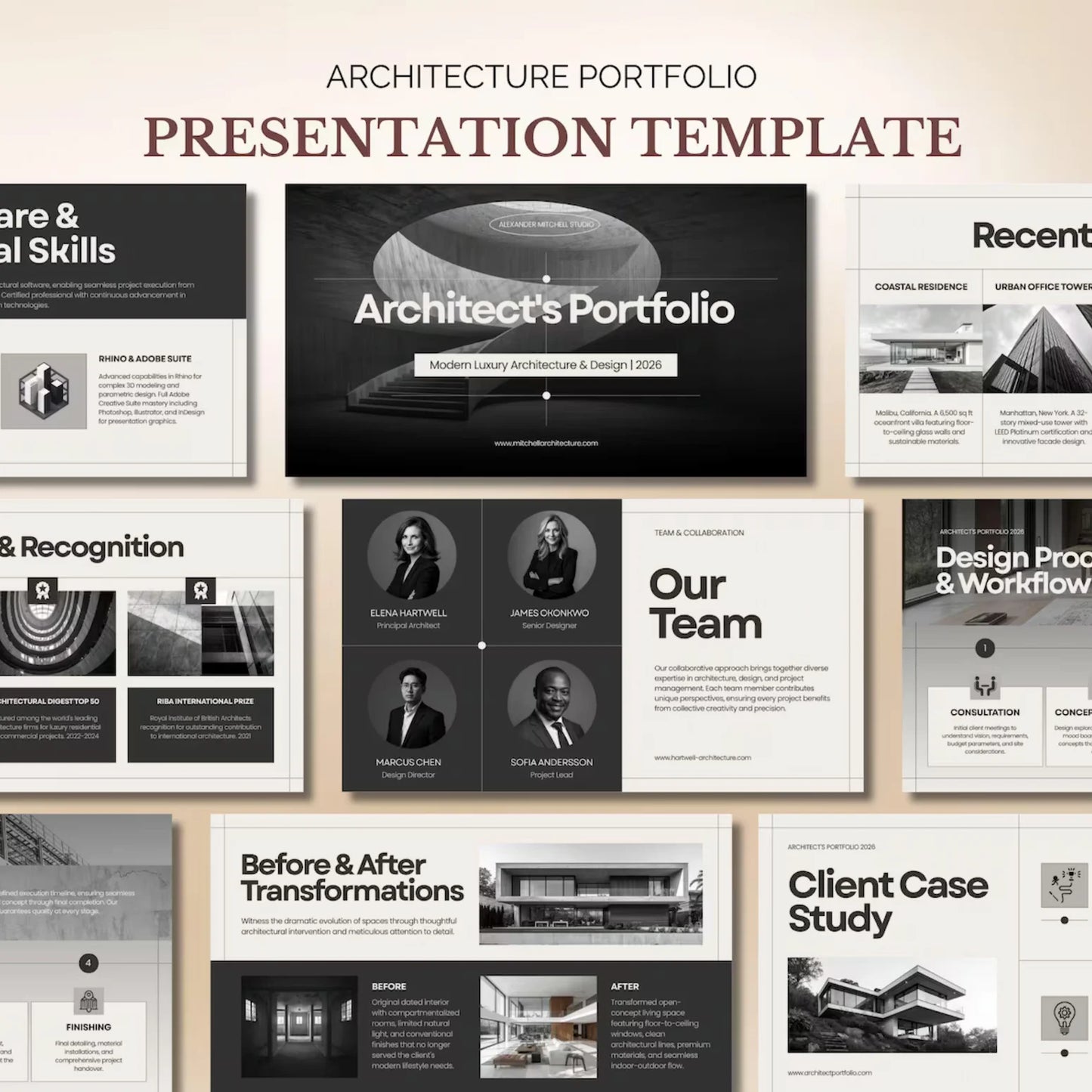 Architecture portfolio presentation template with various slides on a beige background