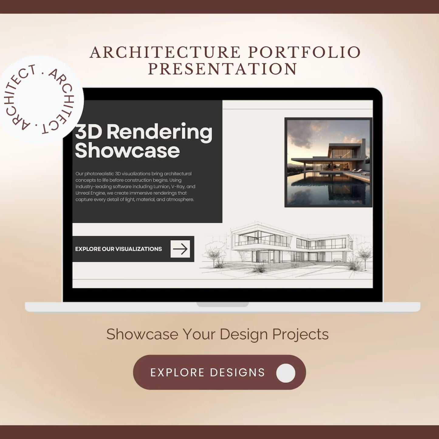 Architecture portfolio presentation with 3D rendering showcase on a beige background