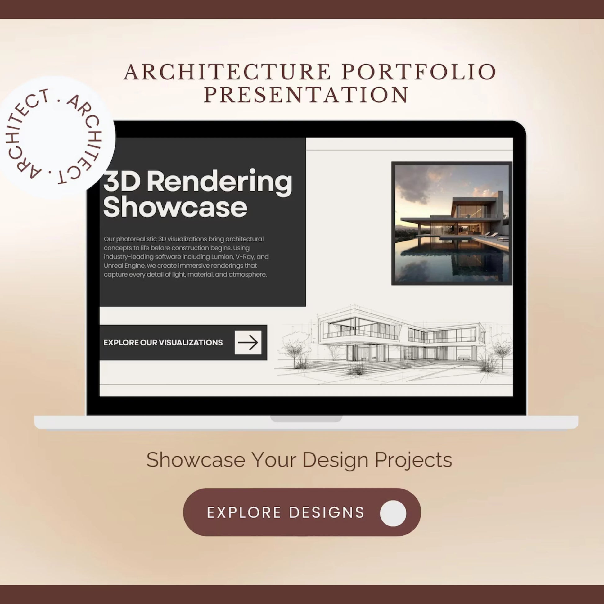 Architecture portfolio presentation with 3D rendering showcase on a beige background