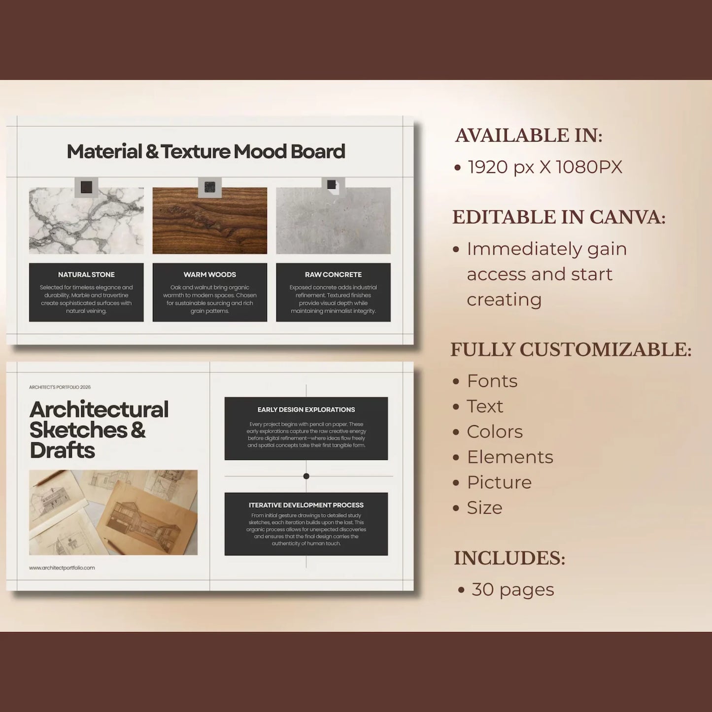 Two design templates for material and texture mood board and architectural sketches on a beige background.