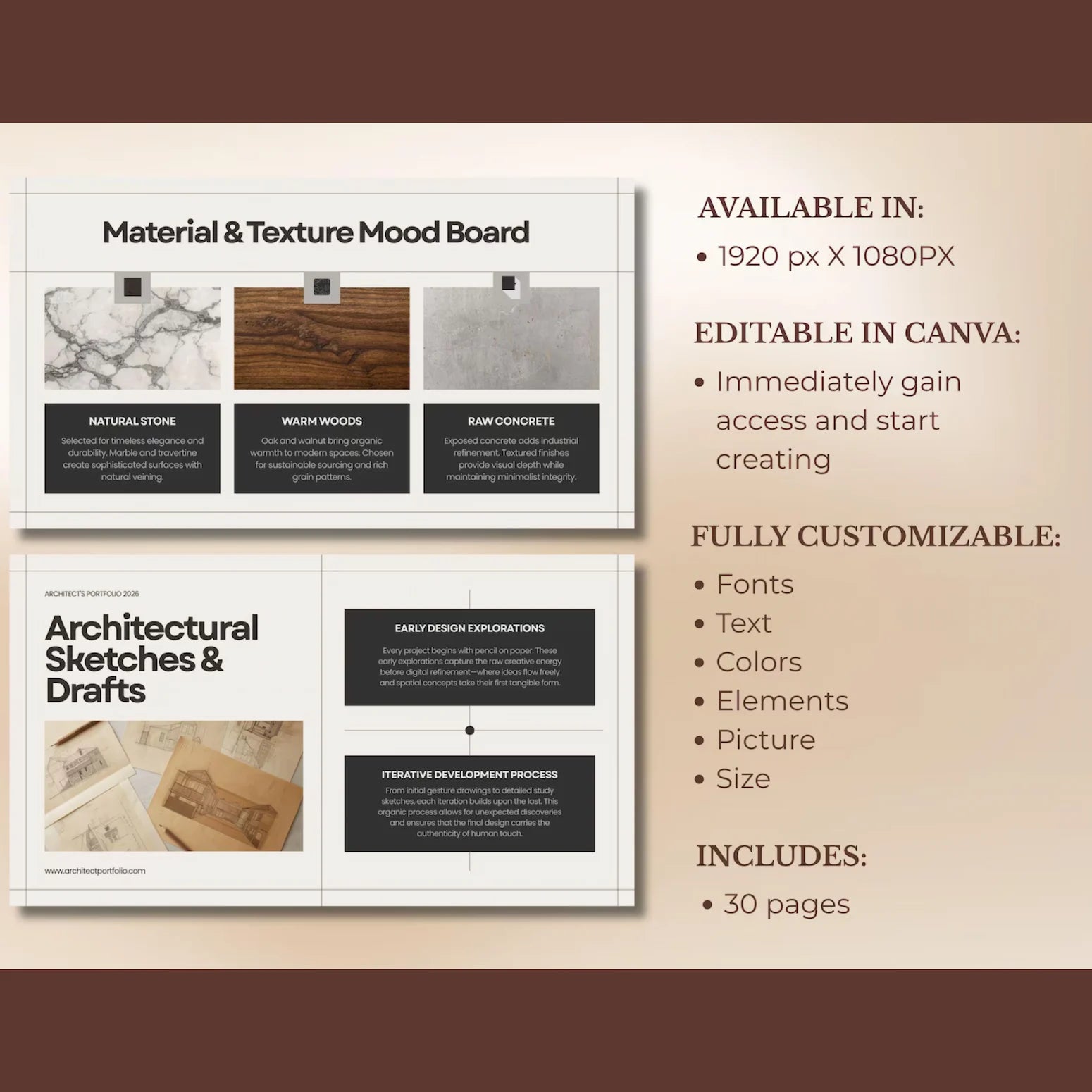 Two design templates for material and texture mood board and architectural sketches on a beige background.