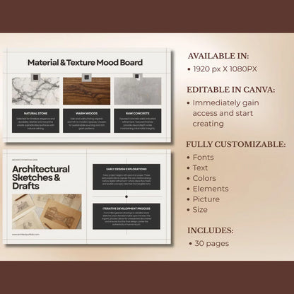 Two design templates for material and texture mood board and architectural sketches on a beige background.