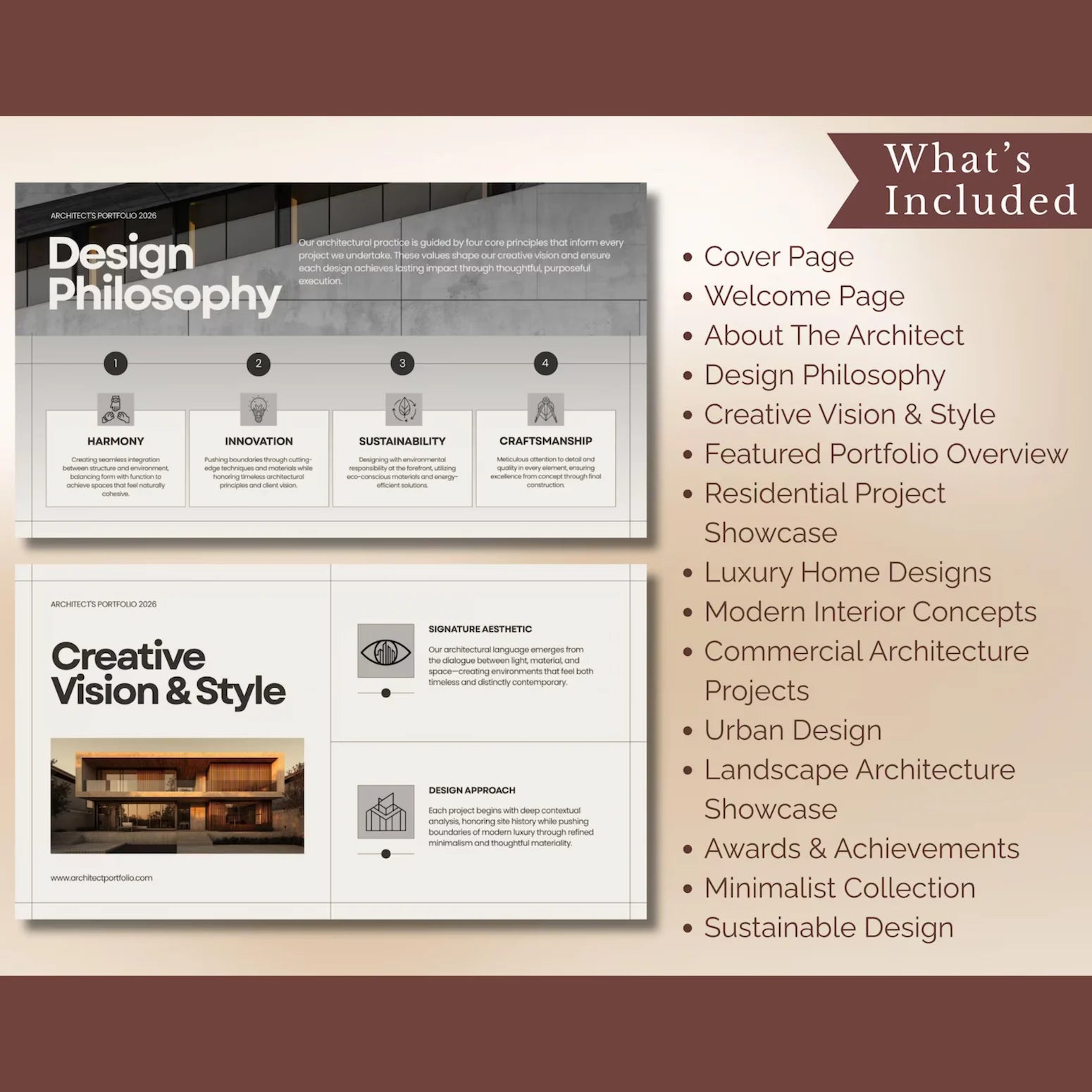 Brochure design with sections on design philosophy and creative vision, on a beige background.