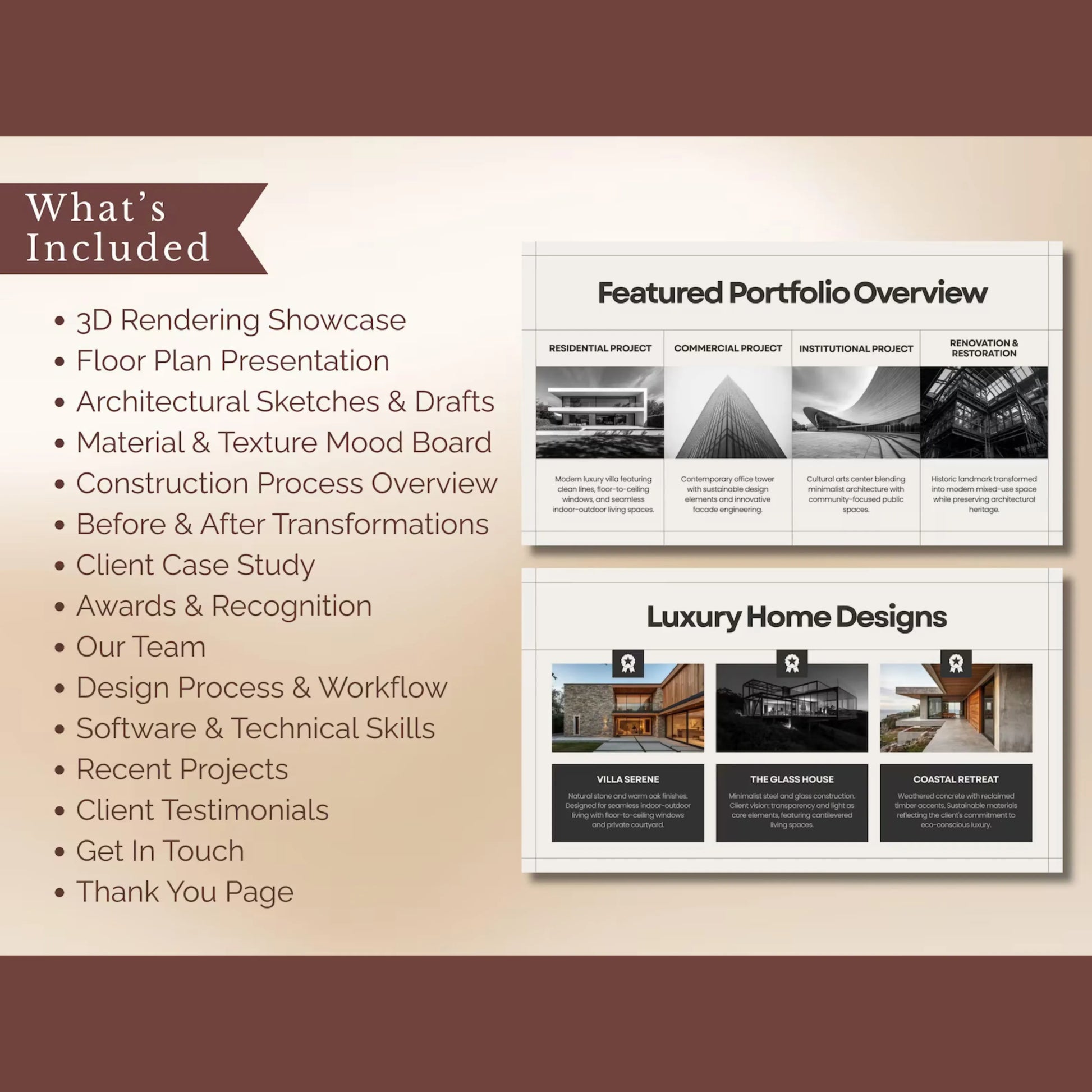 Brochure or website layout for luxury home designs with project images and text. 