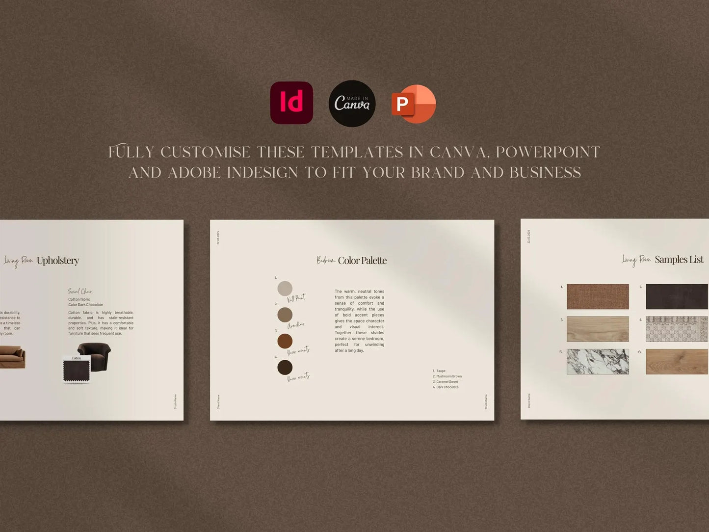 Three design templates on a brown background with Canva, Adobe Indesign, and PowerPoint logos.
