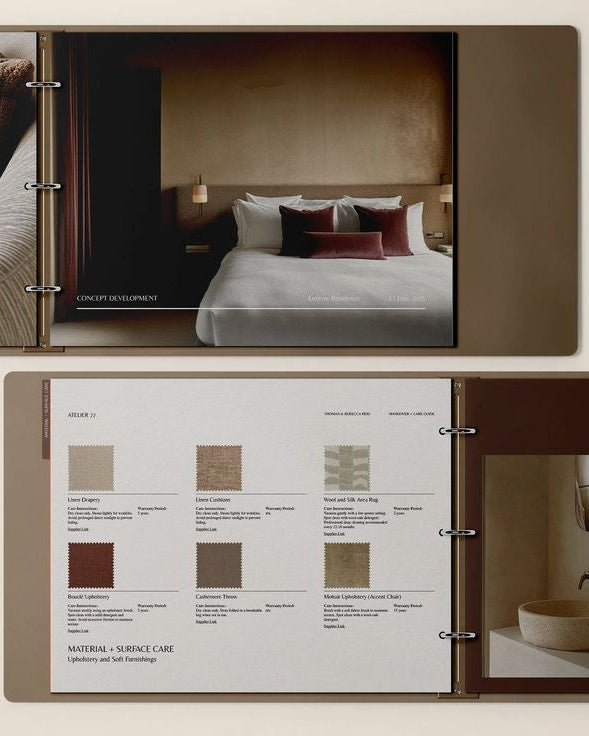 Design book with interior design samples and color swatches on a neutral background