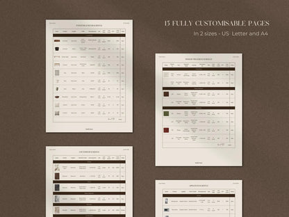 Four customizable pages on a brown background with text about customization options.