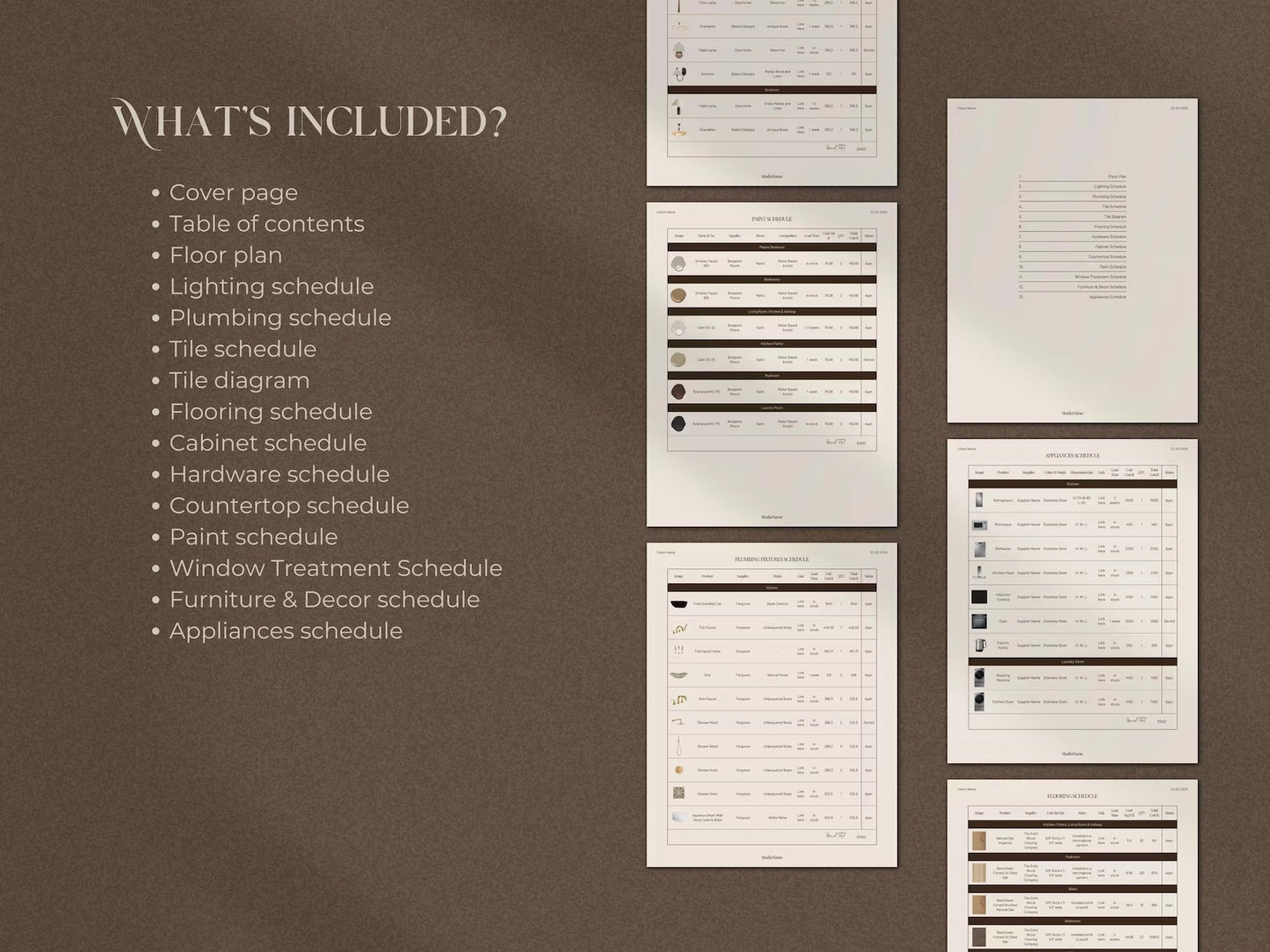 List of included documents on a brown background with white text and schedules.