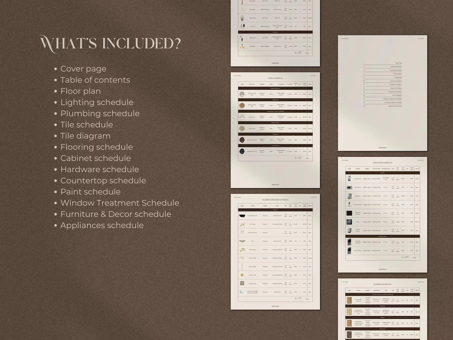 List of included documents on a brown background with white text and schedules.