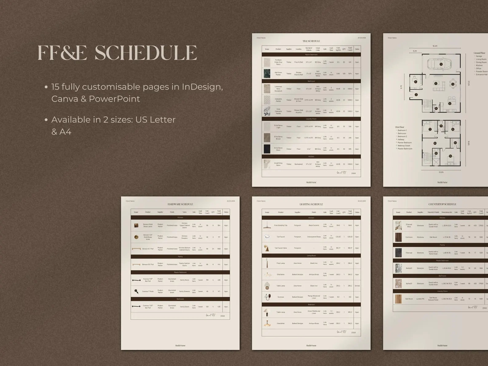 FF&E Schedule templates on a brown background with text about customization and availability.
