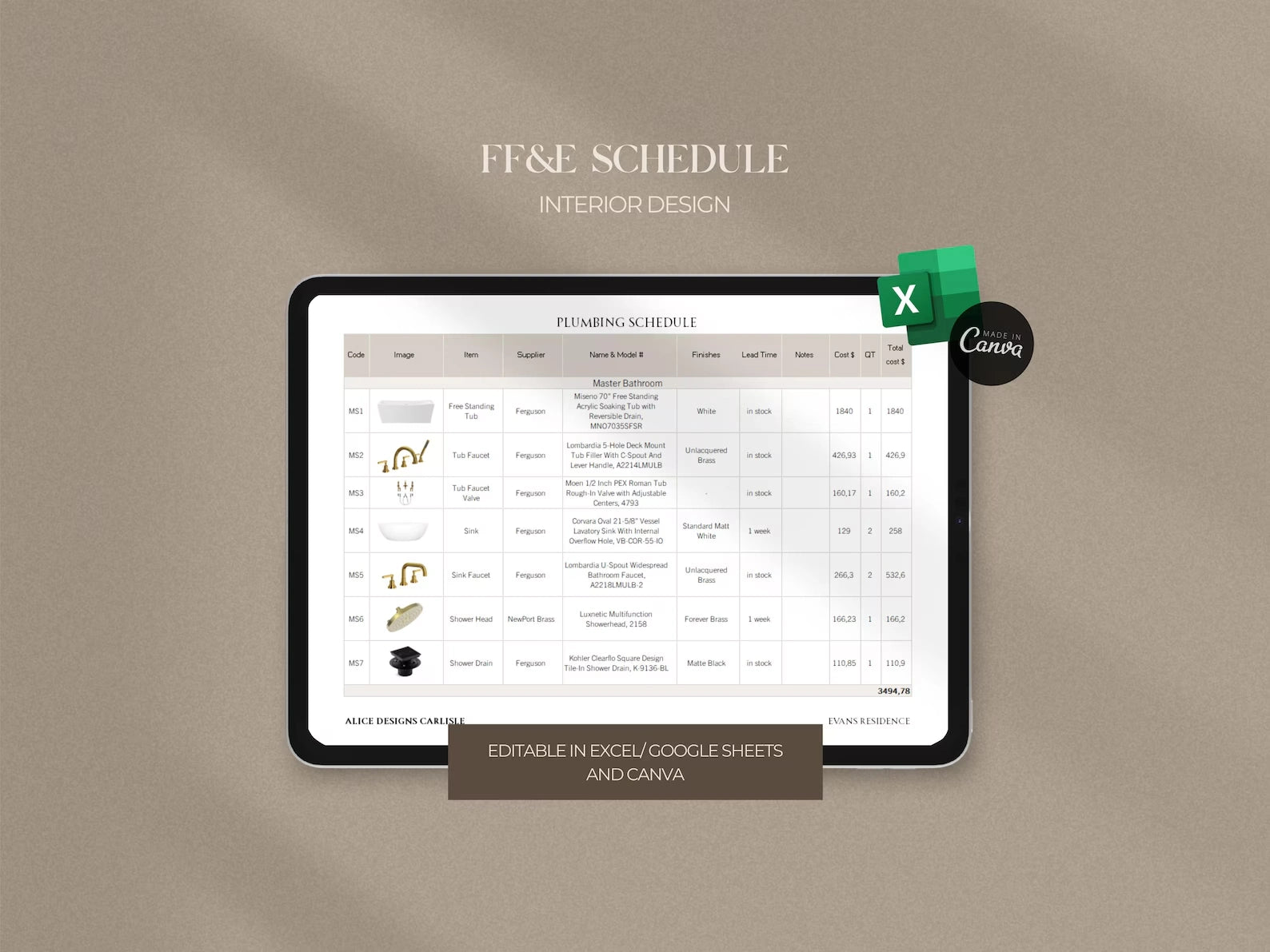 Digital tablet displaying a plumbing schedule on a beige background with 'FF&E Schedule' text.