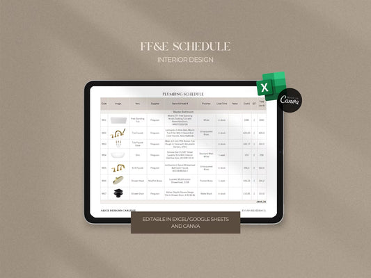 Digital tablet displaying a plumbing schedule on a beige background with 'FF&E Schedule' text.