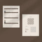 Two printed sheets with text and design patterns on a brown background