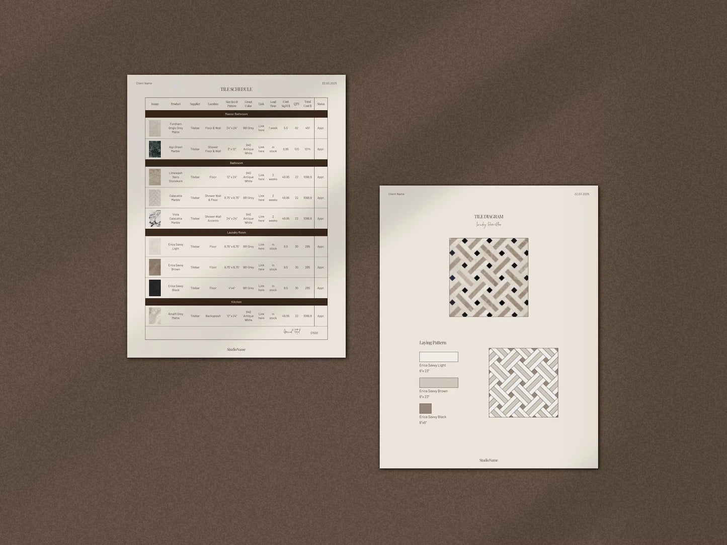 Two printed sheets with text and design patterns on a brown background