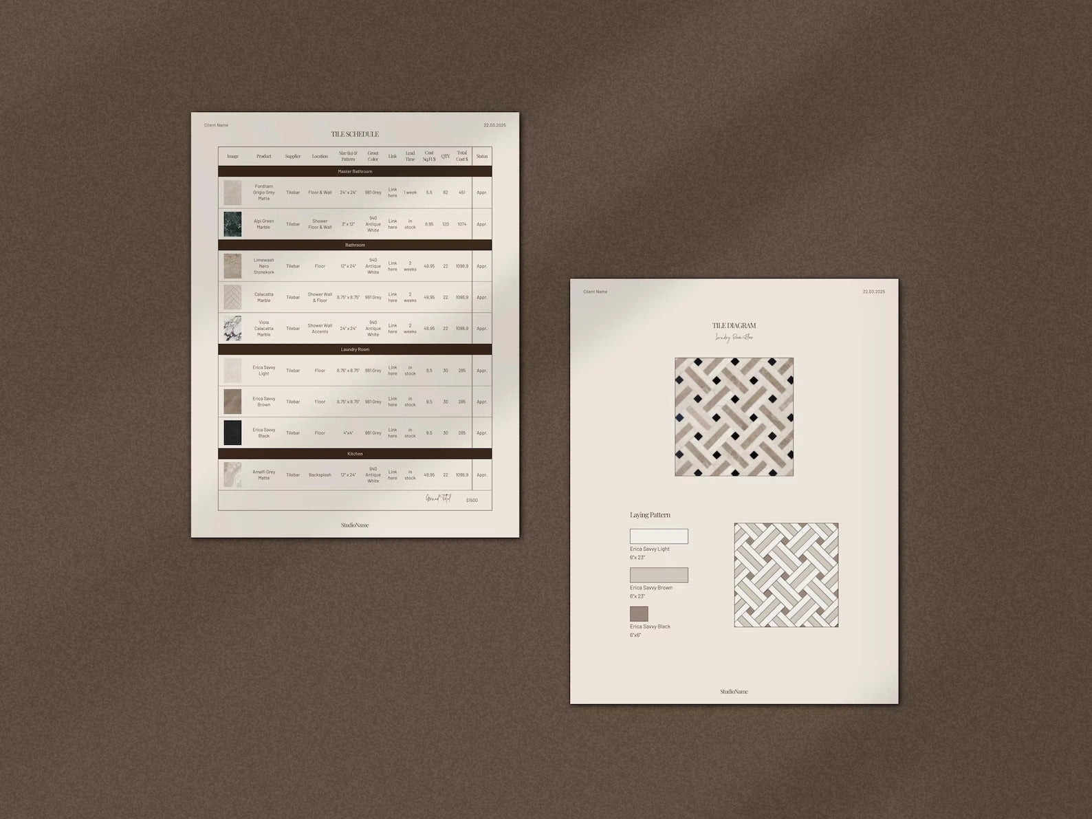 Two printed sheets with text and design patterns on a brown background