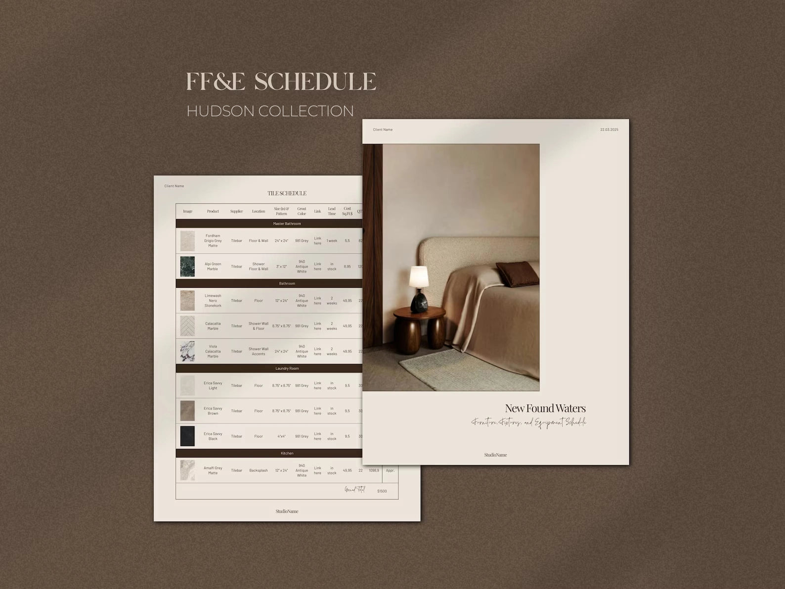 Hudson Collection FF&E schedule with bedroom image on a brown background